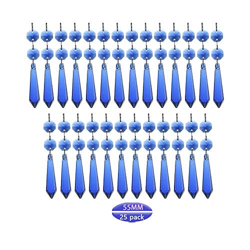 HDCRYSTALGIFTS 55mm Cobalt Blue Crystal Icicle Prisms Chandelier Drop Pendants with Two Beads Lamp Candelabra Parts  Pack of 25