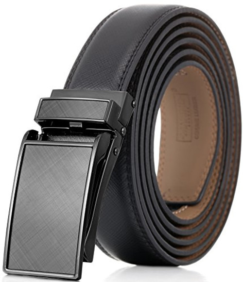 Marino Avenue Mens Genuine Leather Ratchet Dress Belt with Linxx Buckle - Gift Box -Charcoal Depiction - Black  Adjustable from 28 to 44 Waist-