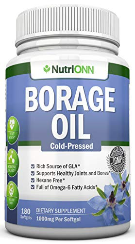 Borage Oil - 1000 mg - 180 Softgels - Cold Pressed High GLA Borage Seed Oil - Hexane and PA Free - Great for Skin  Joints and Bones- Supports Healthy