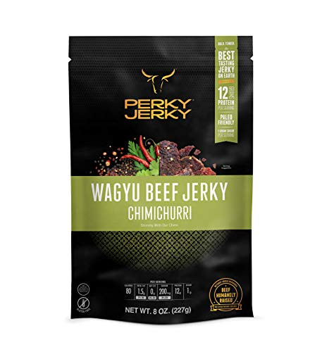 Perky Jerky Chimichurri Wagyu Beef Jerky  8oz - Antibiotic Free - 12g Protein - Keto Paleo - 100 U-S- Sourced - Handcrafted  Tender Texture  Bold Fla