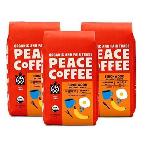 Peace Coffee Birchwood Breakfast Blend Medium Roast -Sumatra and Peru Origins- Organic Fair Trade Coffee  Whole Bean 3 pack
