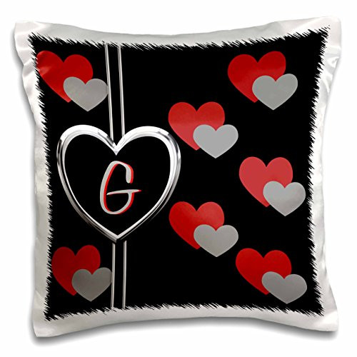 3dRose pc_215202_1 Modern Geometric Black Red Grey Hearts Pattern Monogram Letter K Pillow Case, 16" x 16"