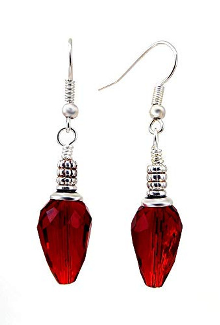 Red Christmas Tree Light Bulb Crystal Dangle Pierced Earrings with Silver Toned Ear Wires