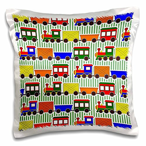 3dRose pc_25426_1 Cute Train Print Primary Colors Green Stripe Background-Pillow Case, 16 by 16"