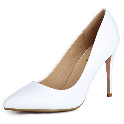 IDIFU Womens IN4 Classic Pointed Toe High Heels Pumps Wedding Dress Office Shoes -White PU  6-5 B-M- US-