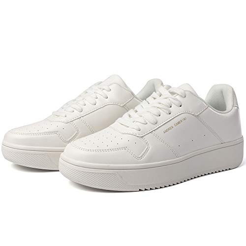 ANDREA CAMERINI Womens Fashion Sneakers Low Top Trainers Lace Up Platform Sneakers Casual Leather Walking Shoes Flatform Sneakers for Women?White?