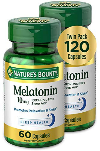 Melatonin by Natures Bounty  100 Drug Free Sleep Aid  Dietary Supplement  Promotes Relaxation and Sleep Health  10mg  60 Capsules -Pack of 2-