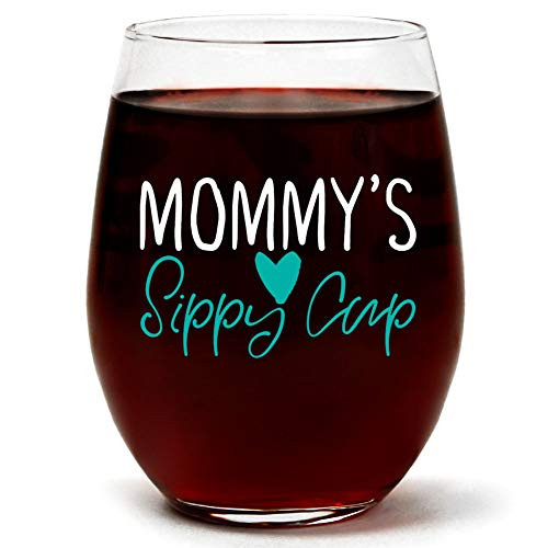 Mommys Sippy Cup New Mom Gifts - Funny Cute Wine Glass - Stemless 15oz - Gift Box - Best Gift for Mothers Day  Mom Birthday  New Mommy Gift Ideas