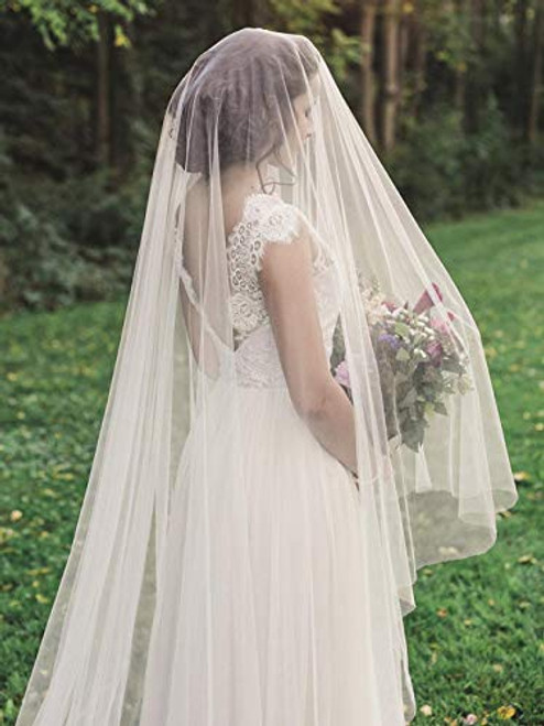 Whisttle 1 Tier Bridal Wedding Veil 118 Long 118 Width Cathedral Length Bride Tulle Hair Accessoies with Comb and Cute Edge -White-
