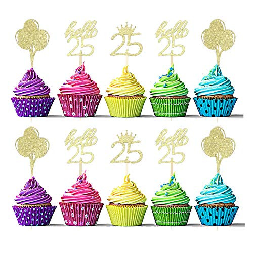 Sumerk 24 Pcs 25th Birthday Cupcake Toppers Gold Glitter Hello 25 Cupcake Topper 25 Birthday Cupcake Picks Party Decoration Supplies