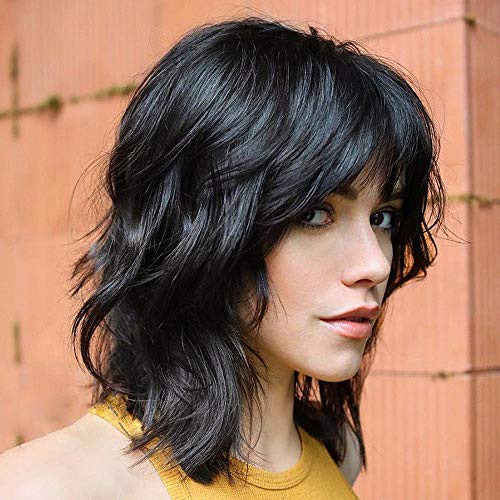Piaou Synthetic Wavy Bob Wig with Bangs Short Bob Curly Wig for Women Shoulder Length Cosplay Wig Heat Resistant Fiber for Daily Costume Wig Black Col