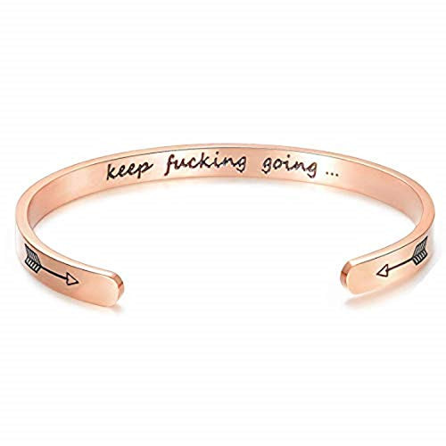 FHMZ Mantra Quote Keep Going Inspirational Bracelet Cuff Bangle Stainless Steel Engraved Motivational Friend Encouragement Jewelry Gift for Women Teen