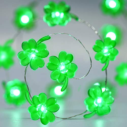 Green Lucky Shamrock Clover String Light  10 ft 40 LEDs Irish Green Four-Leaf Clover Decoration for Girl Bedroom Waterproof Light  8 Modes  Remote and