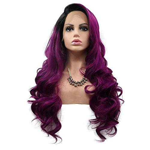 RainaHair 26 inches Ombre Purple Lace Front Wigs Side Part Synthetic Hair Black Roots Burgundy Synthetic Wigs for Women Long Wavy Lace Wig Heat Resist RainaHair 26 inches Ombre Purple Lace Front Wigs Side Part Synthetic Hair Black Roots Burgundy Synthetic Wigs for Women Long Wavy Lace Wig Heat Resist