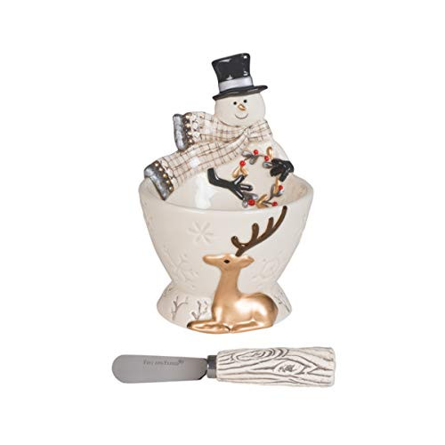Fitz and Floyd Wintry Woods Footed Bowl with Spreader  2-Piece Set