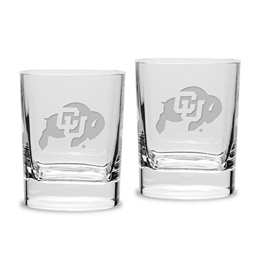 University Glass NCAA Colorado Buffaloes Adult Set of 2 - 14 oz Square Double Old Fashion Glasses Deep Etched Engraved  One Size  Clear