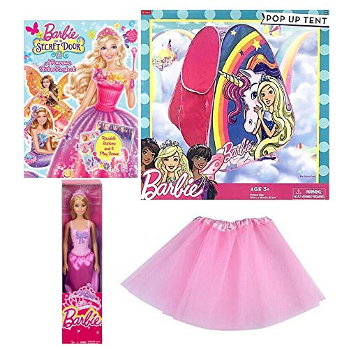 Multiple Barbie Make Believe Play Set Bundle of 4 Includes Barbie Princess Doll  Pink Tutu  Barbie and The Secret Door with Stickers and Pop-Up Tent -