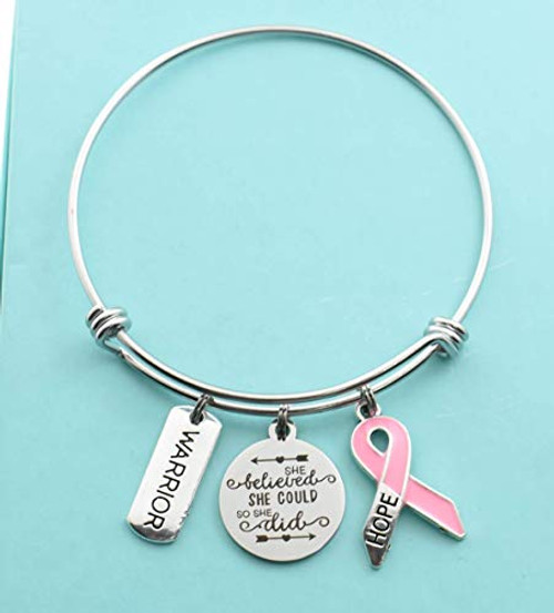 Womans Bangle Bracelet Pink Awareness Ribbon She believed she could so she did  andWarrior Tags in Silver Toned Metal- Breast Cancer-