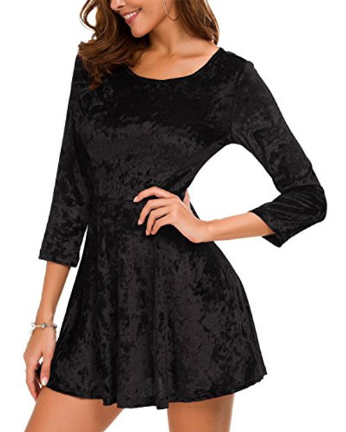 DGMYG Womens 3-4 Sleeve Round Velvet Skater Casual Swing Flared Short Mini Dress S Black DGMYG Womens 3-4 Sleeve Round Velvet Skater Casual Swing Flared Short Mini Dress S Black