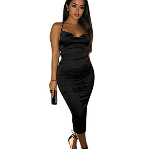 JUMISEE Women Neon Satin Sexy Bodycon Elegant Backless Long Midi Dress for Cocktail Party Clubwear -Black Large-