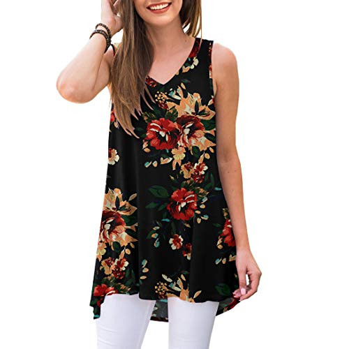 AWULIFFAN Womens Summer Sleeveless V-Neck T-Shirt Short Sleeve Sleepwear Tunic Tops Blouse Shirts -Flower Brown Black X-Large-