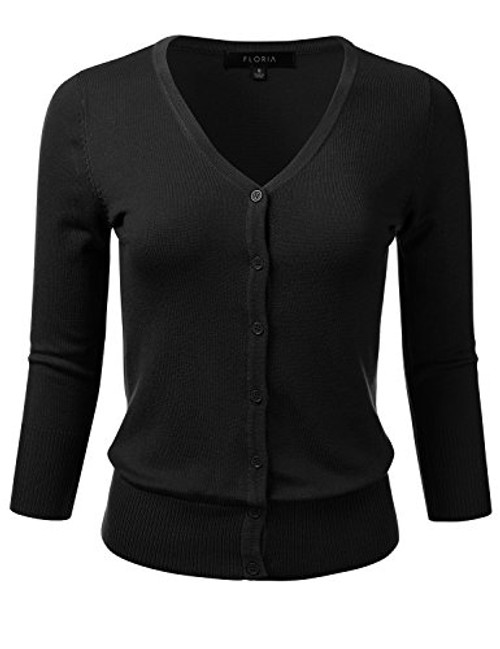 FLORIA Womens Button Down 3-4 Sleeve V-Neck Stretch Knit Cardigan Sweater Black S