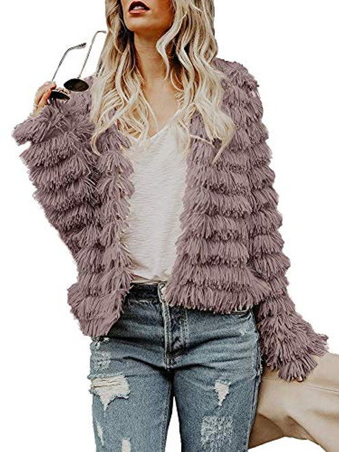 Lovaru Womens Coat Long Sleeve Open Front Parka Shaggy Faux Fur Coat Jacket Parka