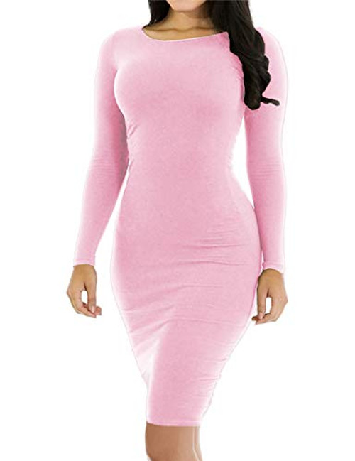 Womens Pencil Bodycon Dress Sexy Casual Long Sleeve Ruched Tight Midi Club Party Dress Pink M