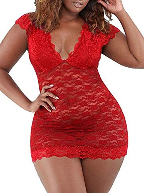 Women Plus Size Chemise Floral Lace Lingerie Bodysuit Sleepwear Breathable Mesh Babydoll Nightwear Black -XXL Red- Women Plus Size Chemise Floral Lace Lingerie Bodysuit Sleepwear Breathable Mesh Babydoll Nightwear Black -XXL Red-
