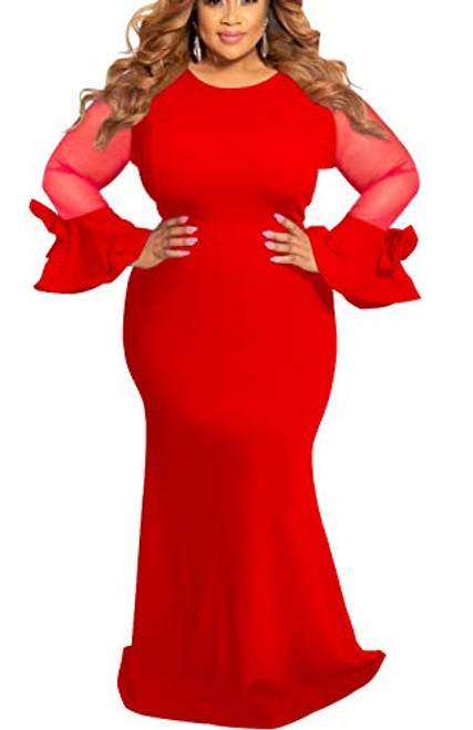 Womens Plus Size Formal Party Maxi Dress with Mesh Trumpet Long Sleeve Red 2XL