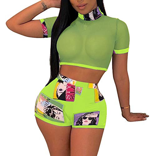 Womens Sexy Two Piece Outfits - Mesh See Through Crop Top Print Short Pants Set Bodycon Jumpsuit Rompers Green 3XL