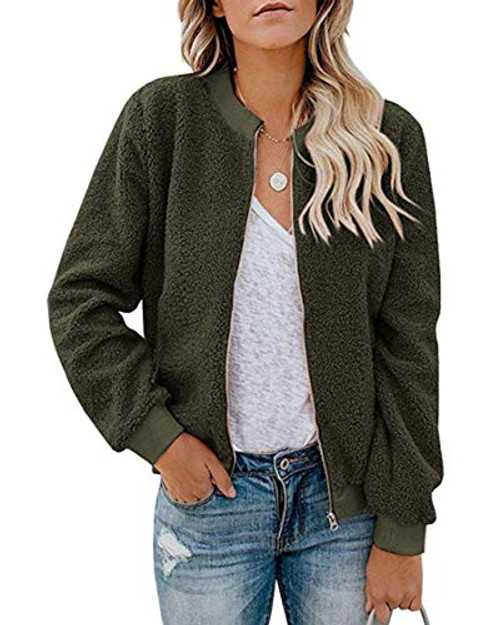 MIROL WomenS Sherpa Fleece Jacket Faux Fuzzy Long Sleeve Casual Zip Up Bomber Coat with Pockets