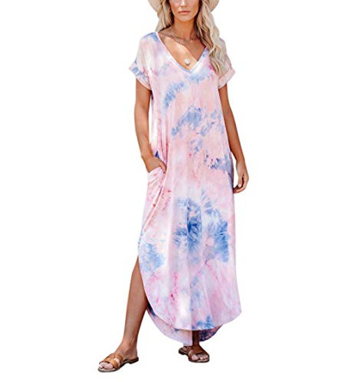 Womens Casual Short Sleeve V Neck Dress Side Split Maxi Long Dresses with Pockets-Tie XL-