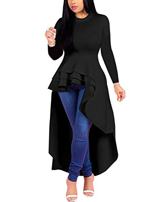 Fashion High Low Tops for Women - Unique Ruffle Long Sleeve Tunic Shirt -Medium Black-