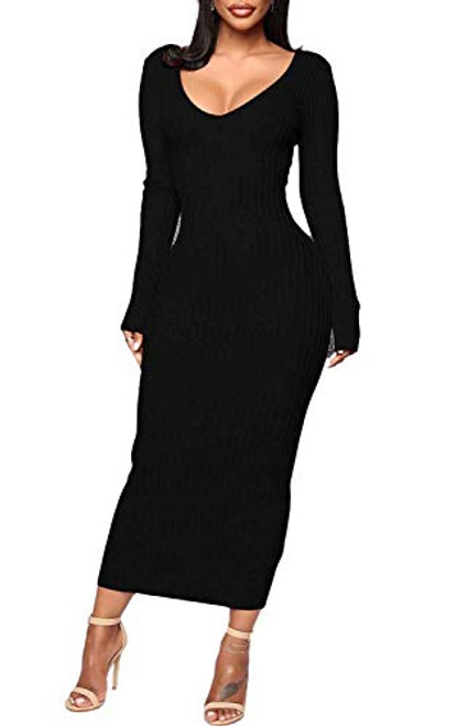 Cinyifaan Womens Deep V Neck Knit Sweater Long Sleeve Bodycon Midi Pencil Dress Black