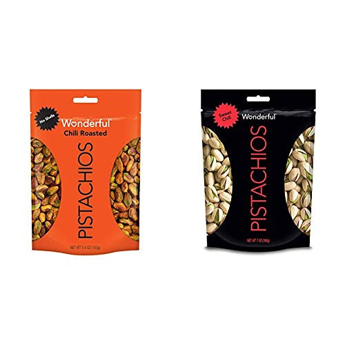 Wonderful Pistachios No Shells Chili Roasted 5-5 Ounce Resealable Pouch and Sweet Chili Flavored 7 Ounce Resealable Pouch Wonderful Pistachios No Shells Chili Roasted 5-5 Ounce Resealable Pouch and Sweet Chili Flavored 7 Ounce Resealable Pouch