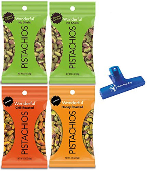 Wonderful Pistachios No Shells Roasted and Salted Chili Roasted and Honey Roasted 2-25-2-5 Ounce Each -Pack of 4- - with Make Your Day Bag Clip Wonderful Pistachios No Shells Roasted and Salted Chili Roasted and Honey Roasted 2-25-2-5 Ounce Each -Pack of 4- - with Make Your Day Bag Clip