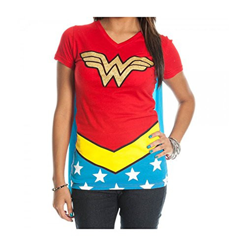 DC Comics Wonder Woman Glitter Juniors Red V-neck Cape Tee -Small- DC Comics Wonder Woman Glitter Juniors Red V-neck Cape Tee -Small-