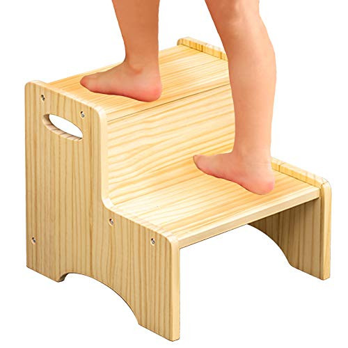 WOOD CITY Toddler Step Stool for Kids  Wooden Two Step Childrens Stool with Handles  Bonus Non-Slip Pads for Safety  Bathroom Potty Stool and Kitchen S