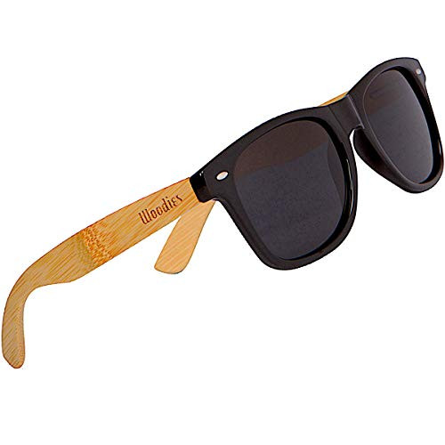 WOODIES Polarized Bamboo Wood Sunglasses for Men and Women - Black Polarized Lenses and Real Wooden Frame - 100 UVA-UVB Ray Protection