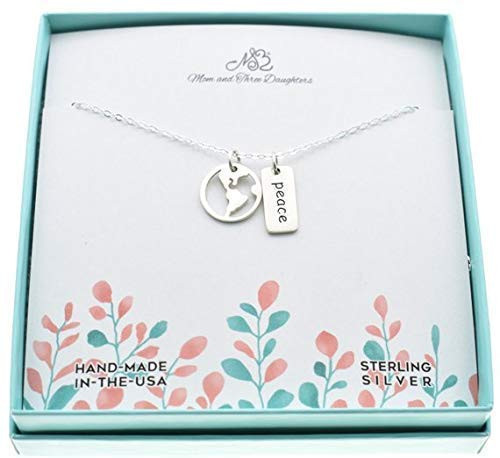 World peace charm and globe pendant in sterling silver on an 18 sterling silver cable chain with 2 inch extender-