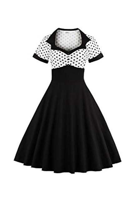 Yacun Women Vintage Dress Polka Dot Cocktail Swing Dress Rockabilly 1940s 50s Black S