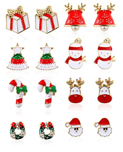 YADOCA 8-9 Pairs Christmas Stud Earrings for Women Cute Christmas Tree Snowflake Santa Claus Elk Xmas Candy Gift Hypoallergenic Christmas Festival Hol