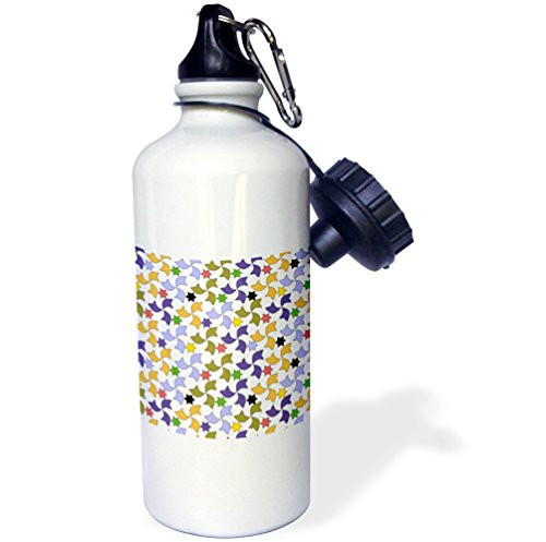 3dRose Yellow Purple and Green Spanish Alhambra Geometric Mosaic Pattern on White Windmills and Stars Sports Water Bottle  21 oz  White
