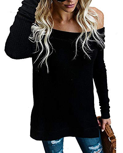 YEXIPO Womens Casual Off Shoulder Oversized Tops Long Sleeve Waffle Knit Blouse Loose Pullover Sweater -Small  Black-1-