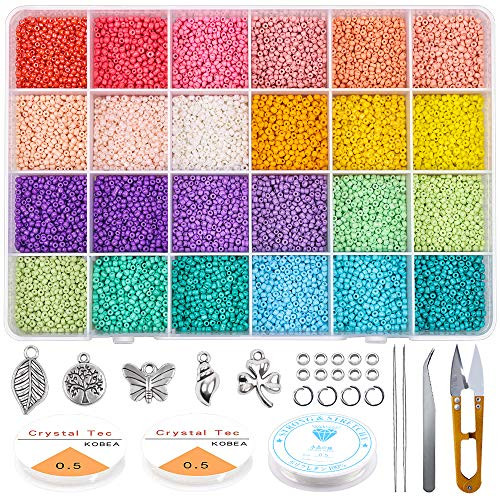 Yholin Glass Seed Beads Started Kit 19200pcs 2mm 12-0 Small Craft Beads with Jump Rings Charms Spacer Beads Beading Needle Tweezers Scissors and Elast Yholin Glass Seed Beads Started Kit 19200pcs 2mm 12-0 Small Craft Beads with Jump Rings Charms Spacer Beads Beading Needle Tweezers Scissors and Elast