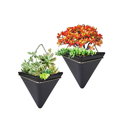 2 Pack Hanging Planter Vase Geometric Wall Decor Ceramic Container Wall Planters Hanging with Metal Frame for Succulent Plants Air Plant Mini Cactus F