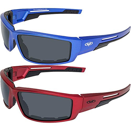 Global Vision 2 Pair Sly Motorcycle ATV Padded Riding Glasses Sunglasses with Smoke Lenses and Red and Blue Metallic Frames Global Vision 2 Pair Sly Motorcycle ATV Padded Riding Glasses Sunglasses with Smoke Lenses and Red and Blue Metallic Frames