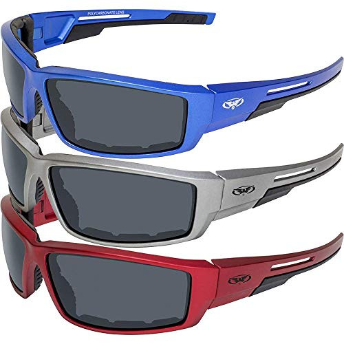 Global Vision 3 Pair Sly Motorcycle ATV Padded Riding Glasses Sunglasses with Smoke Lenses and Red Blue and Grey Metallic Frames Global Vision 3 Pair Sly Motorcycle ATV Padded Riding Glasses Sunglasses with Smoke Lenses and Red Blue and Grey Metallic Frames