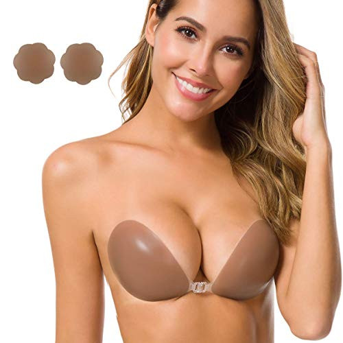 Niidor Adhesive Bra Strapless Sticky Invisible Push up Silicone Bra for Backless Dress with Nipple Covers-Brown-D Cup- Niidor Adhesive Bra Strapless Sticky Invisible Push up Silicone Bra for Backless Dress with Nipple Covers-Brown-D Cup-